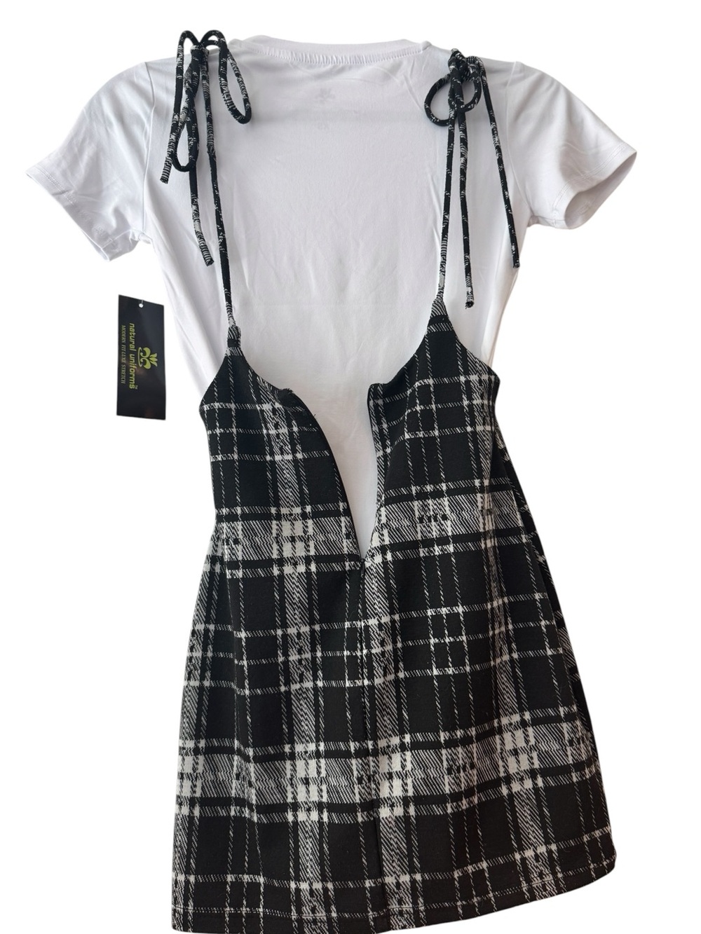 "Plaid Reputation" Mini Blk & Wht Plaid Jumper & NWT White Stretch Tee. Size XS - Picture 4 of 11